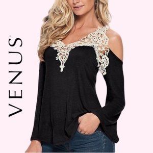 Venus Black & White Lace Cold Shoulder Long Sleeve Top Blouse